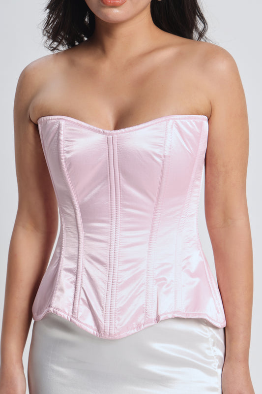 Pink Satin Corset — 14-Bone Spiral & Flat Metal Boned Waist Cincher
