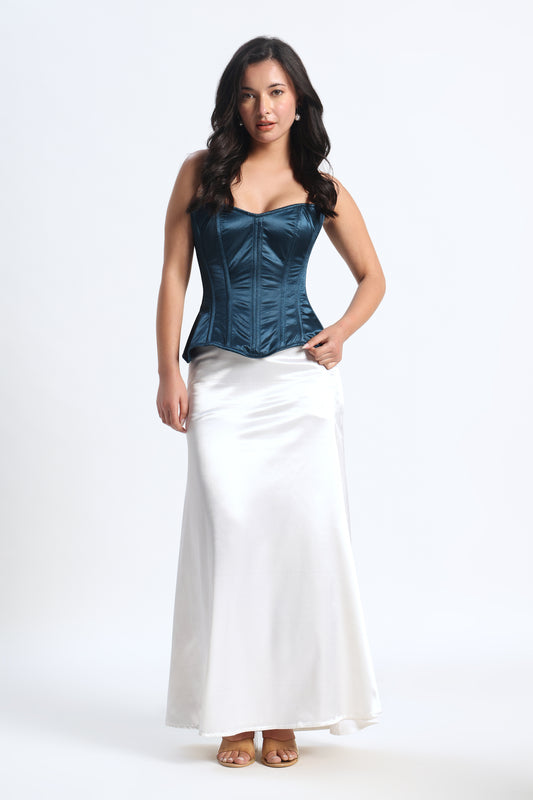 Teal Satin Corset — 14-Bone Spiral & Flat Metal Boned Waist Cincher
