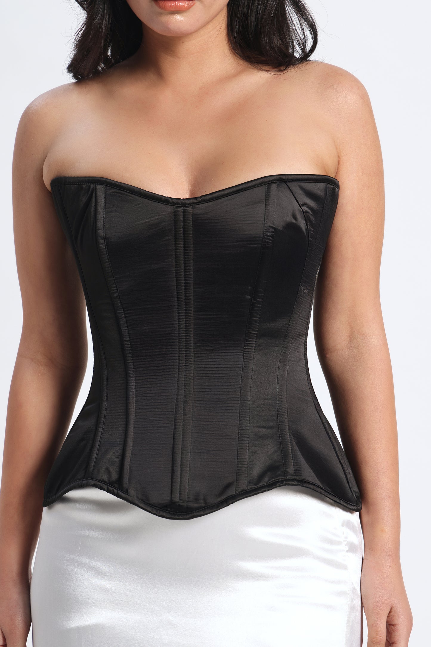 Black Satin Corset — 14 Bone Spiral & Flat Metal Boned Waist Cincher