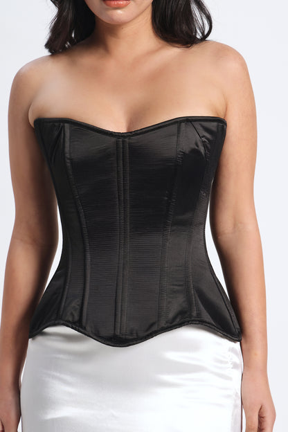 Black Satin Corset — 14 Bone Spiral & Flat Metal Boned Waist Cincher