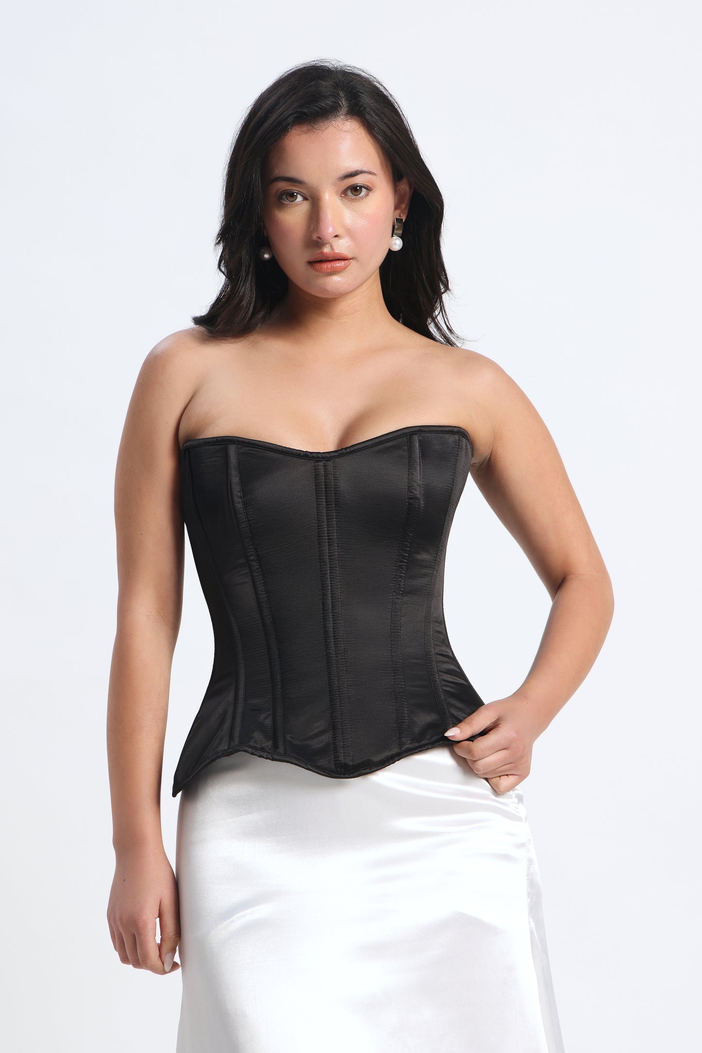 Black Satin Corset — 14 Bone Spiral & Flat Metal Boned Waist Cincher
