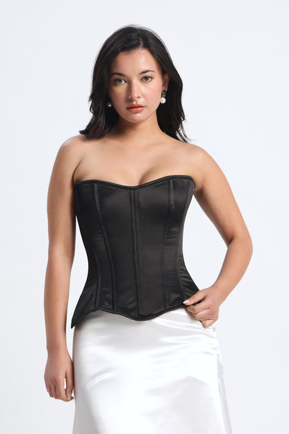 Black Satin Corset — 14 Bone Spiral & Flat Metal Boned Waist Cincher