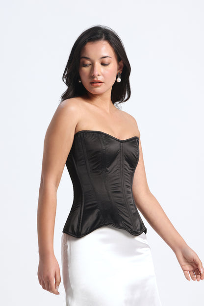 Black Satin Corset — 14 Bone Spiral & Flat Metal Boned Waist Cincher