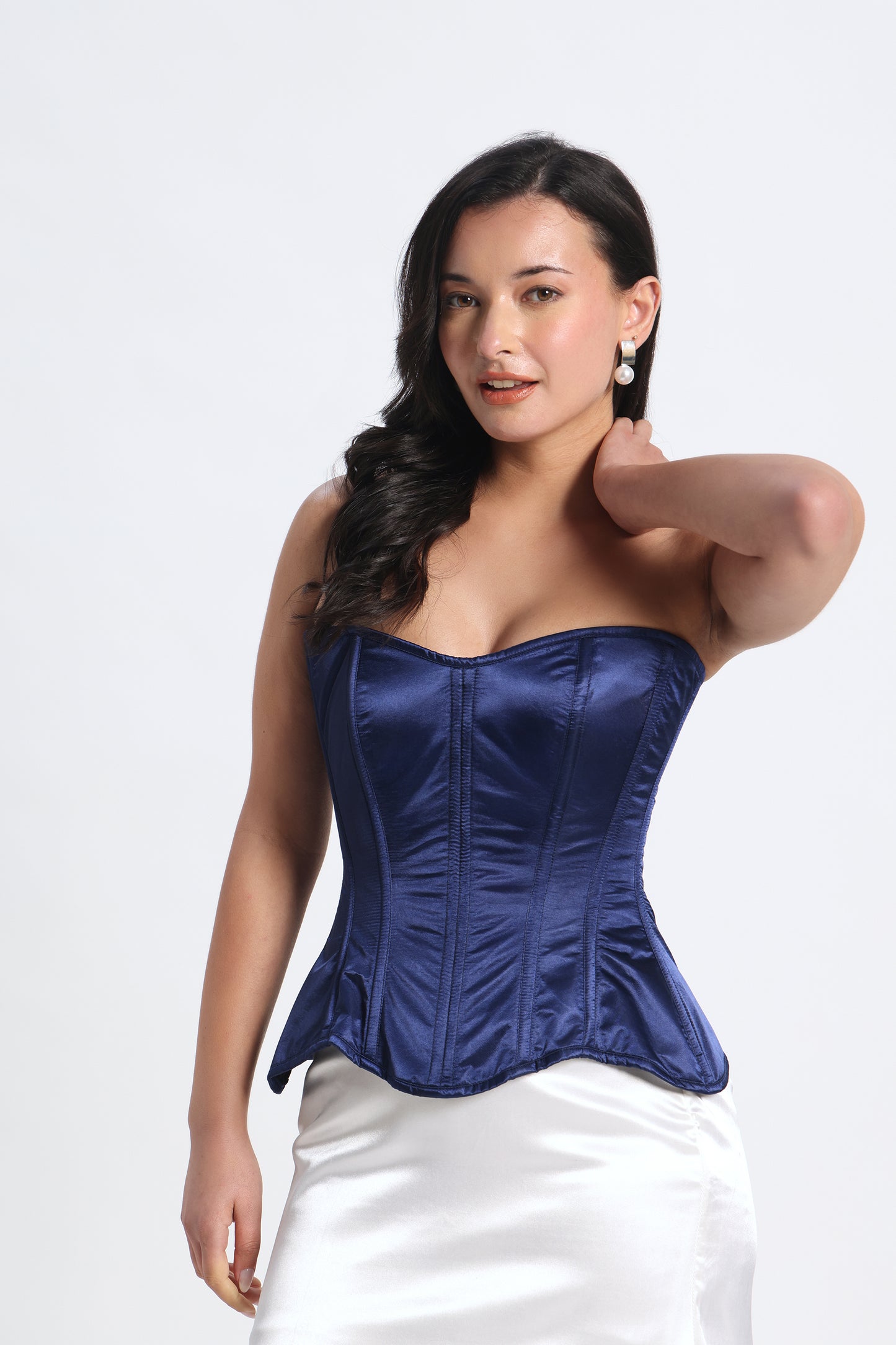 Blue Satin Corset — 14-Bone Spiral & Flat Metal Boned Waist Cincher