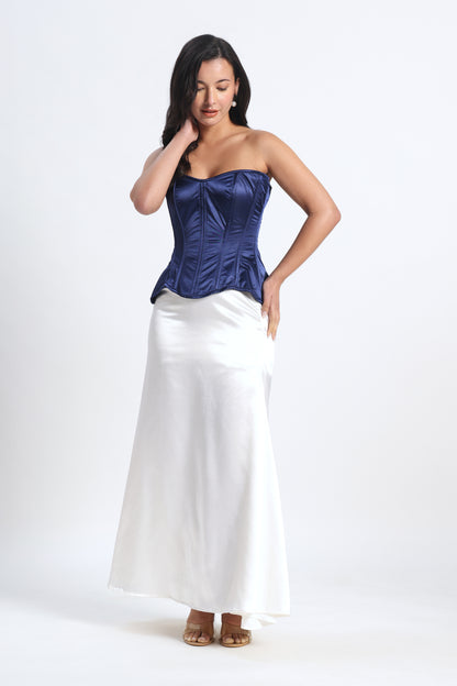Blue Satin Corset — 14-Bone Spiral & Flat Metal Boned Waist Cincher