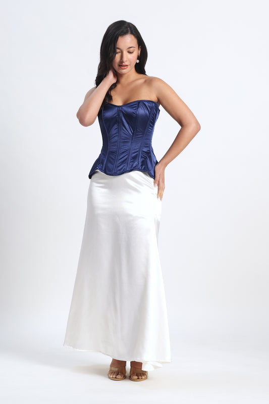 Blue Satin Corset — 14-Bone Spiral & Flat Metal Boned Waist Cincher