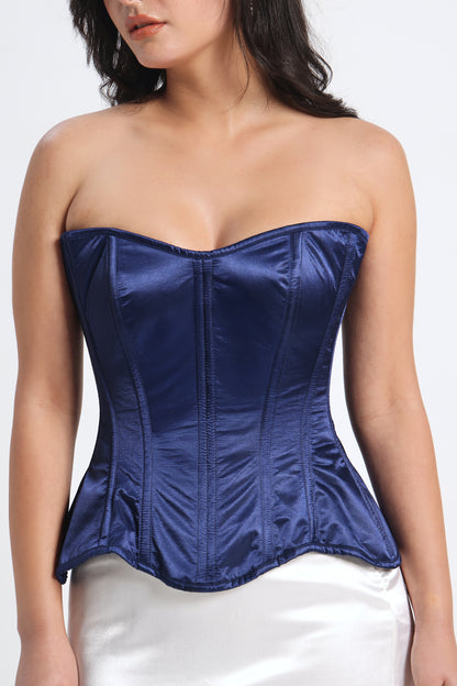 Blue Satin Corset — 14-Bone Spiral & Flat Metal Boned Waist Cincher