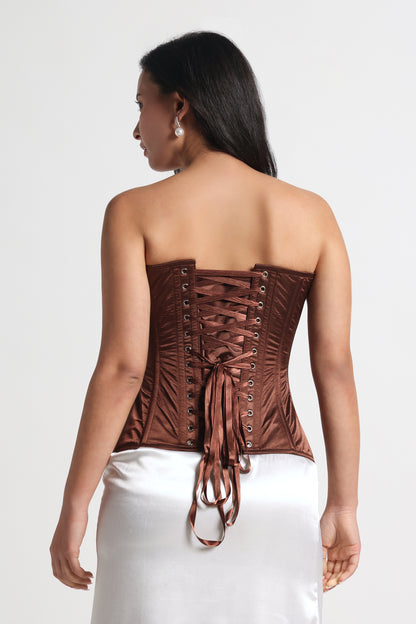 Brown Satin Corset — 14-Bone Spiral & Flat Metal Boned Waist Cincher