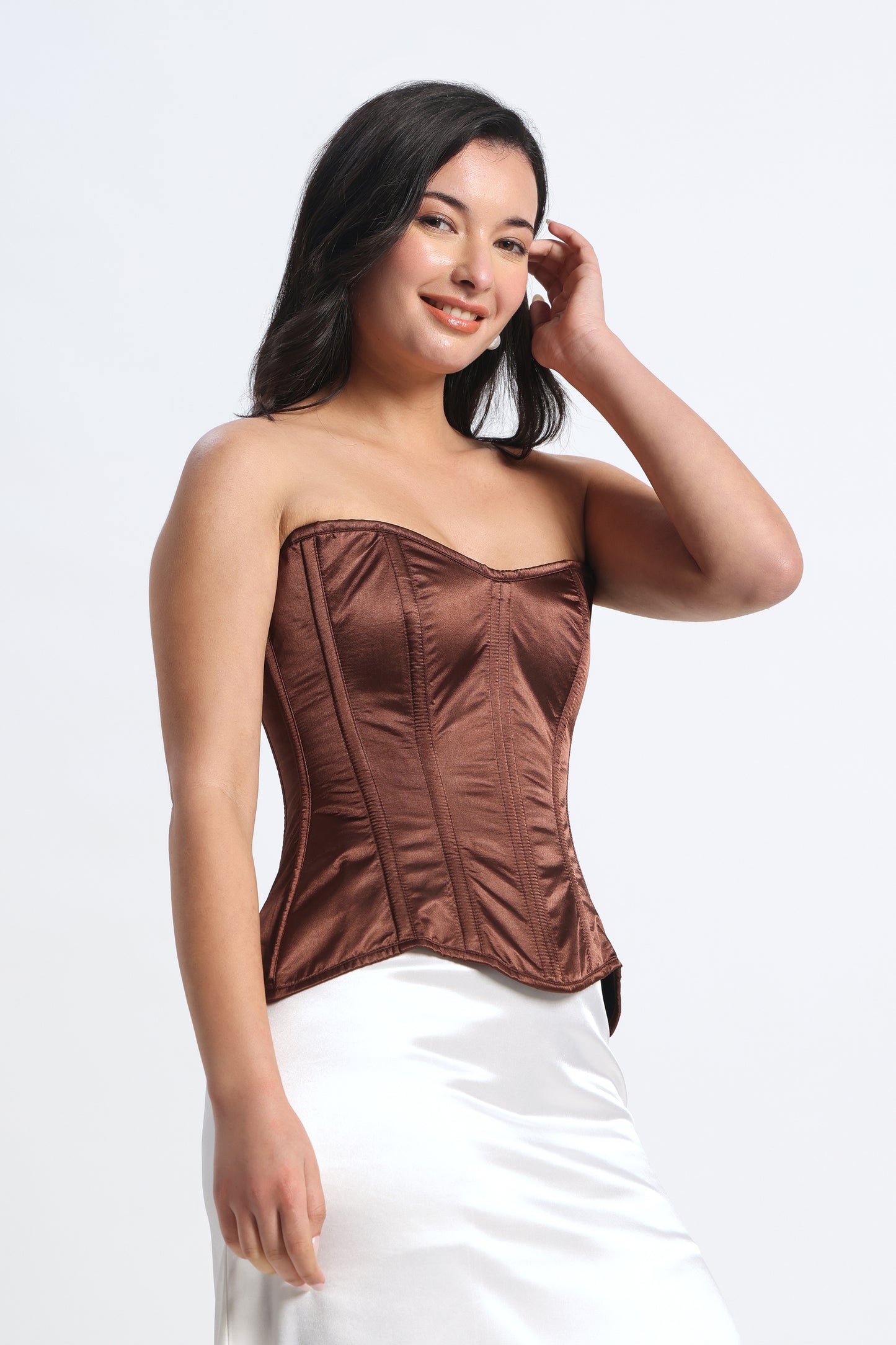 Brown Satin Corset — 14-Bone Spiral & Flat Metal Boned Waist Cincher
