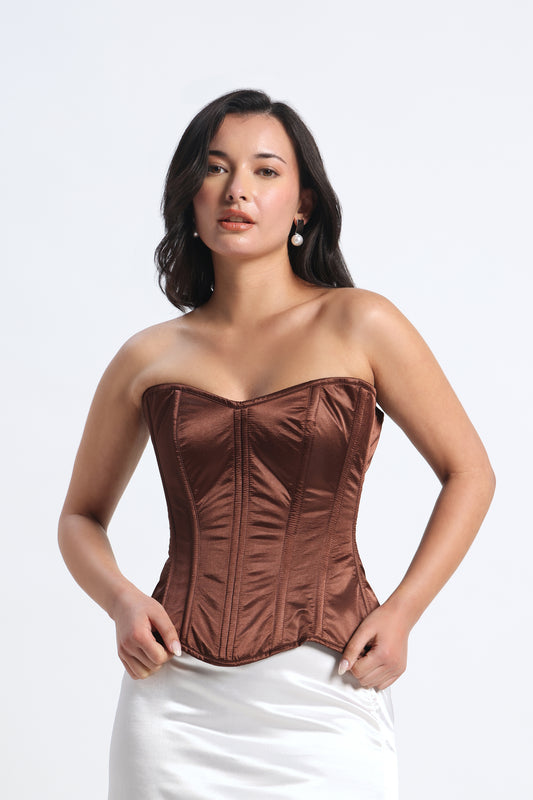 Brown Satin Corset — 14-Bone Spiral & Flat Metal Boned Waist Cincher