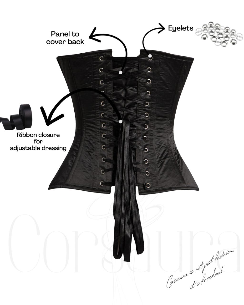 Black Satin Corset — 14 Bone Spiral & Flat Metal Boned Waist Cincher