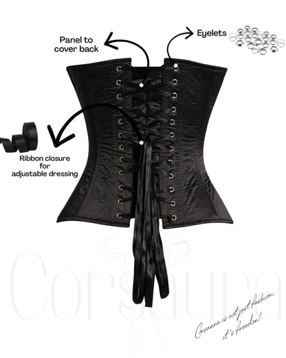Black Satin Corset — 14 Bone Spiral & Flat Metal Boned Waist Cincher