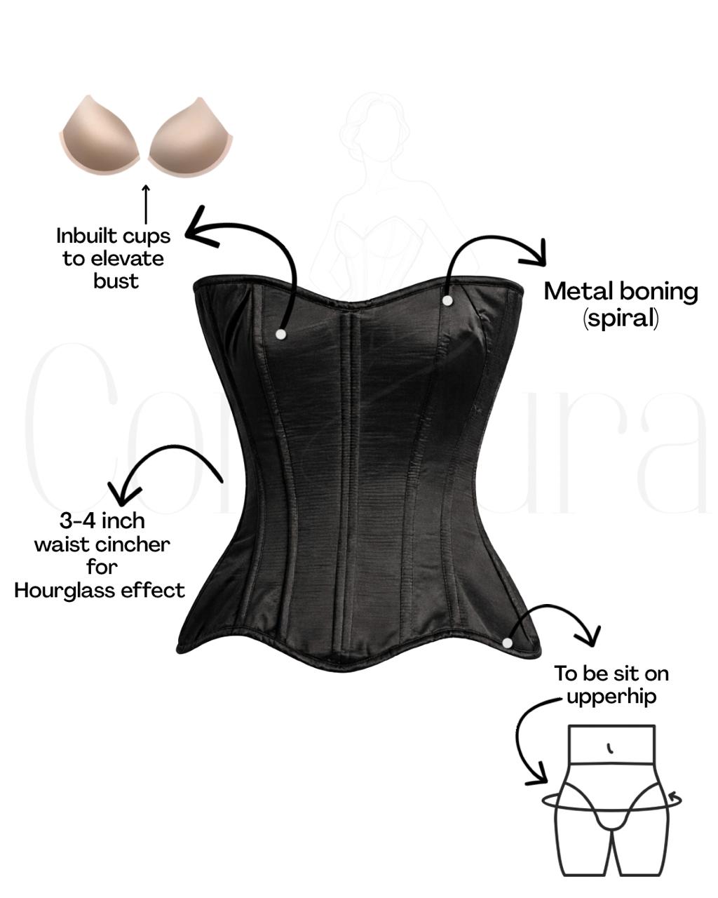 Black Satin Corset — 14 Bone Spiral & Flat Metal Boned Waist Cincher