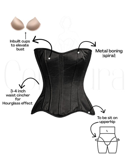 Black Satin Corset — 14 Bone Spiral & Flat Metal Boned Waist Cincher