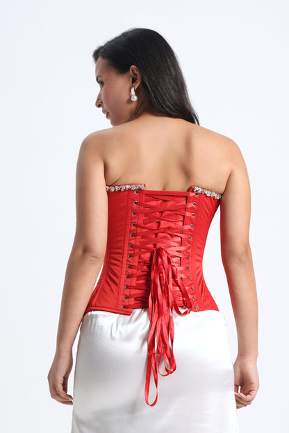 Crystal Red Rhinestone Corset — Metal Boned Satin Corset