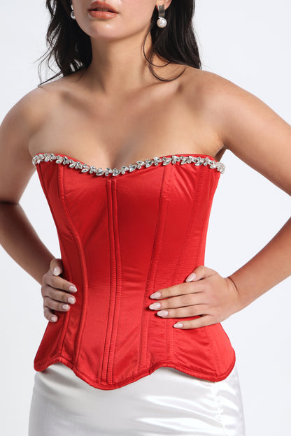 Crystal Red Rhinestone Corset — Metal Boned Satin Corset