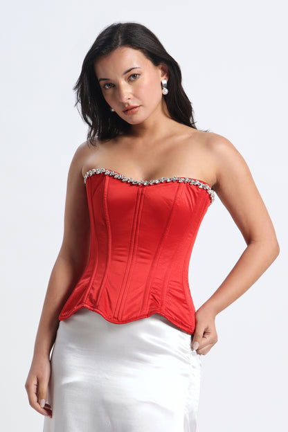 Crystal Red Rhinestone Corset — Metal Boned Satin Corset