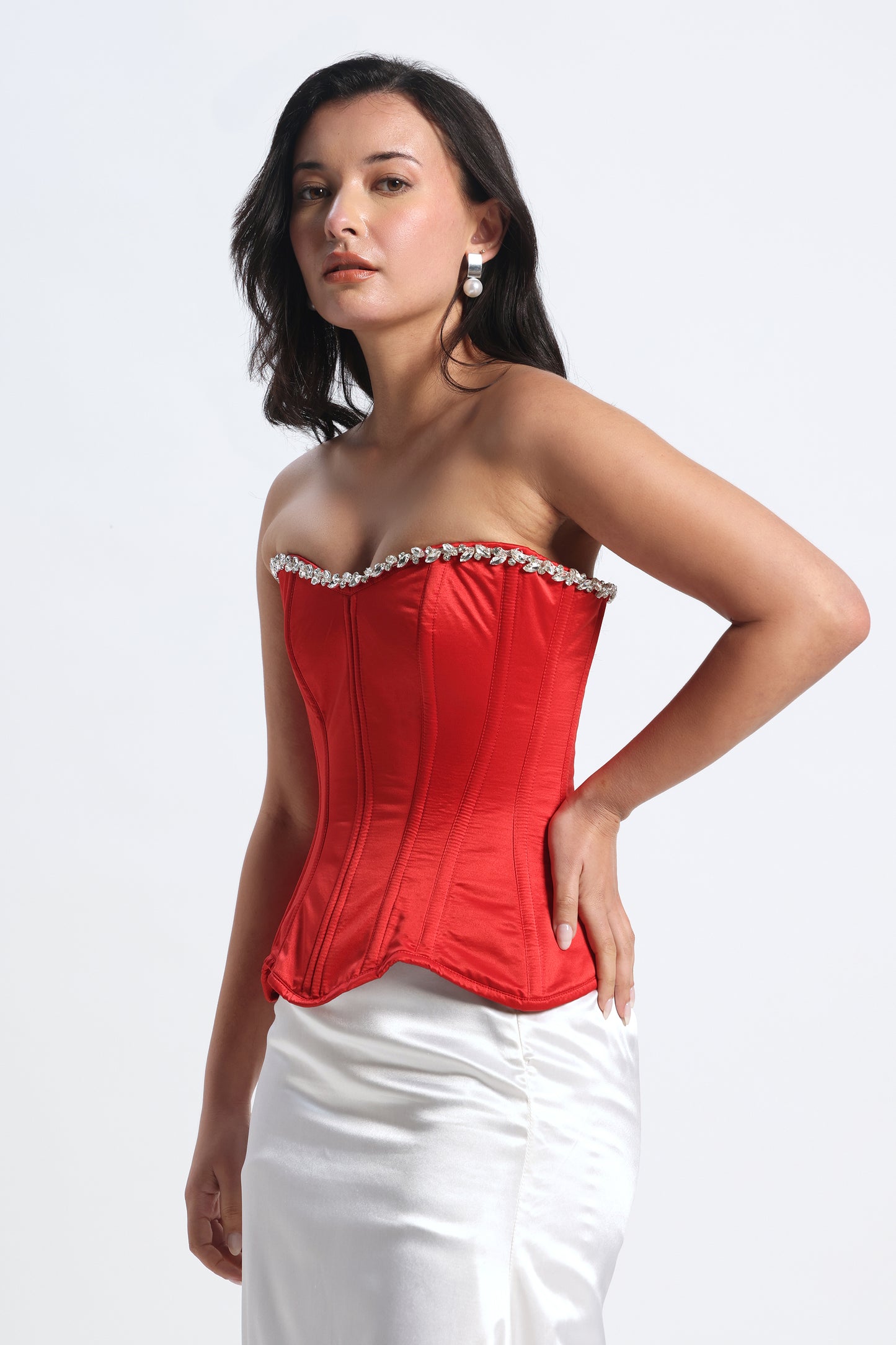 Crystal Red Rhinestone Corset — Metal Boned Satin Corset