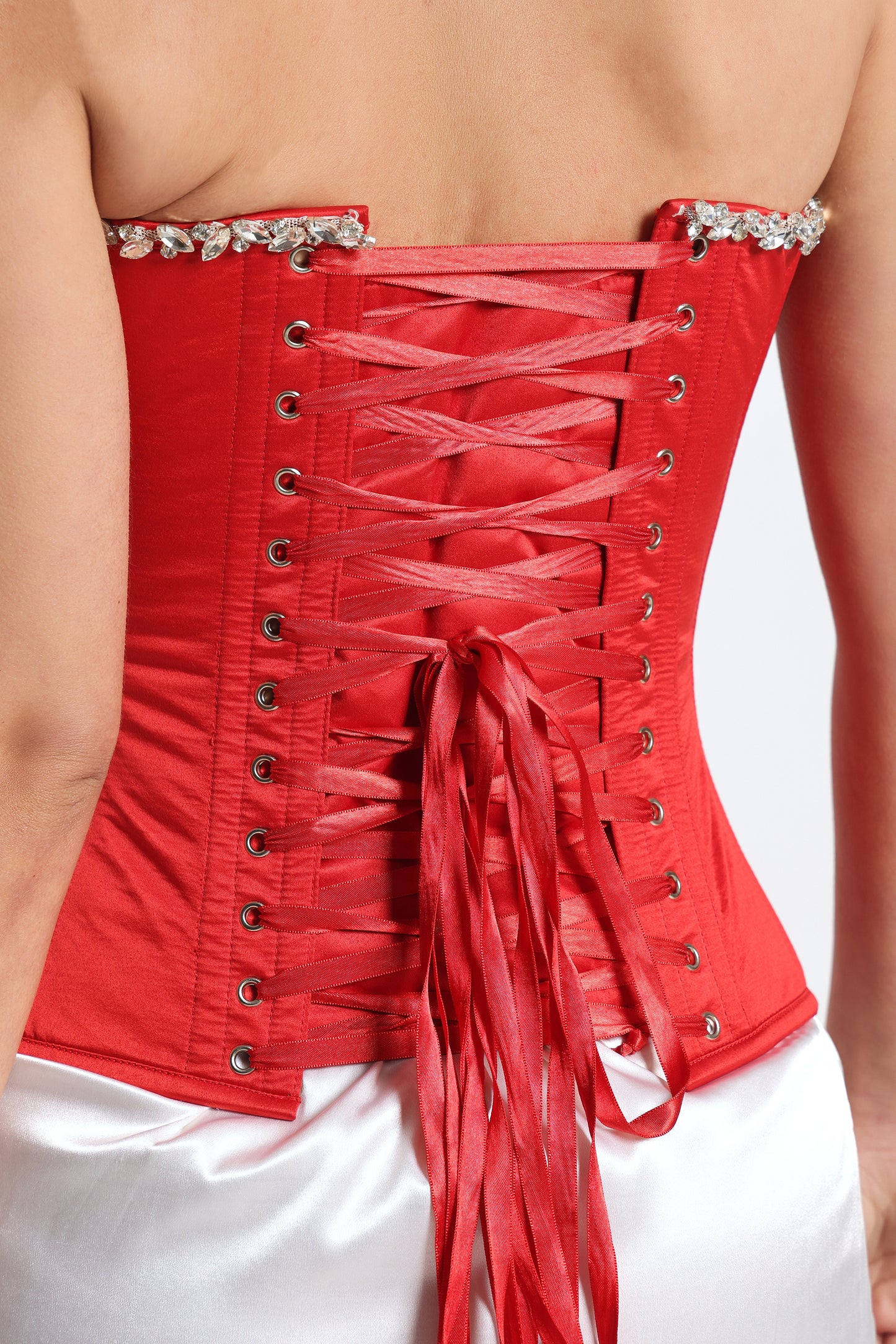 Crystal Red Rhinestone Corset — Metal Boned Satin Corset