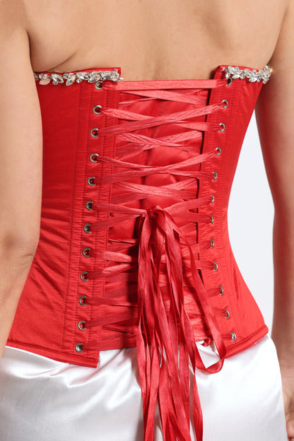 Crystal Red Rhinestone Corset — Metal Boned Satin Corset
