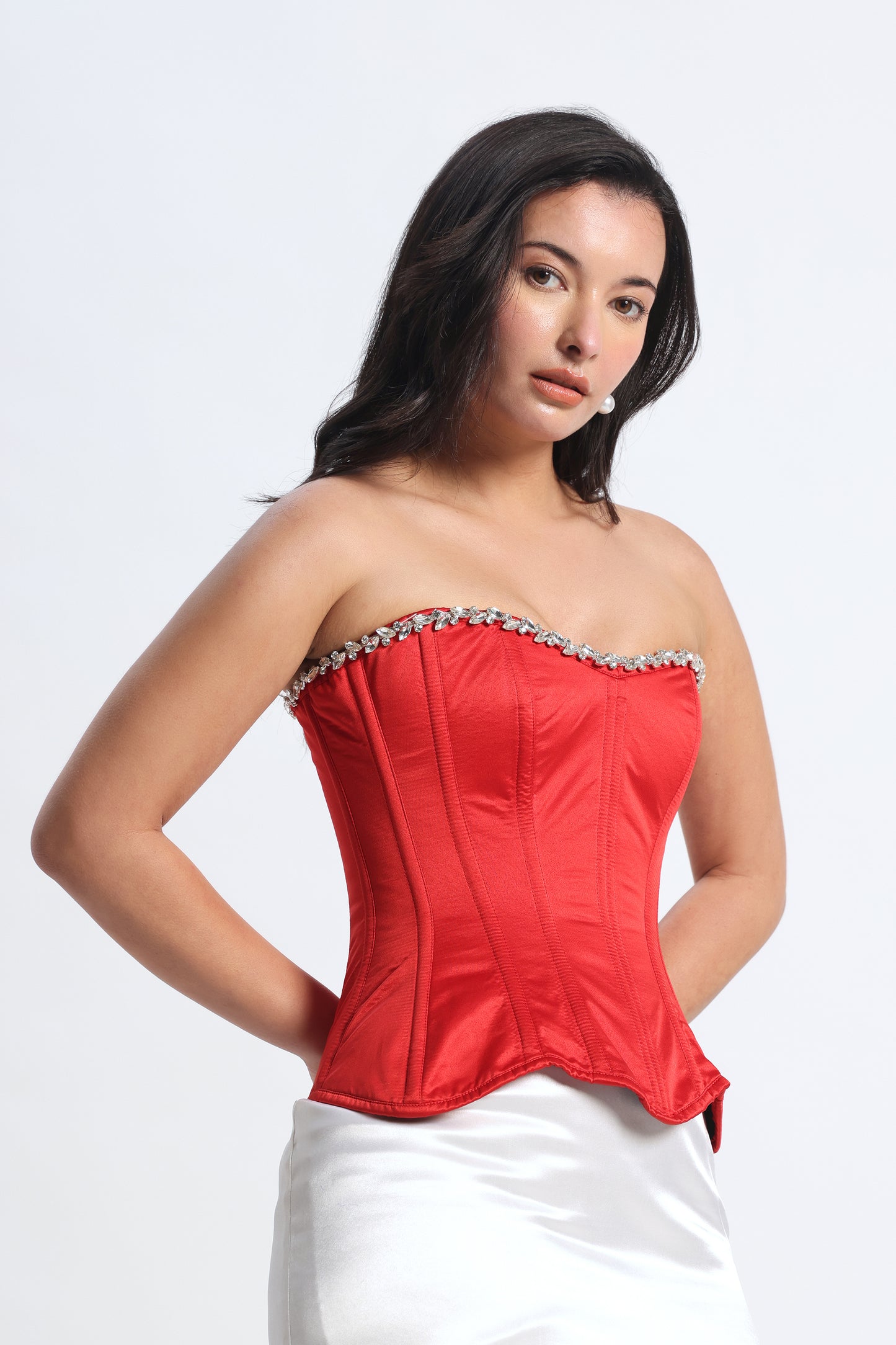 Crystal Red Rhinestone Corset — Metal Boned Satin Corset