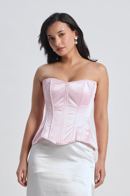 Pink Satin Corset — 14-Bone Spiral & Flat Metal Boned Waist Cincher