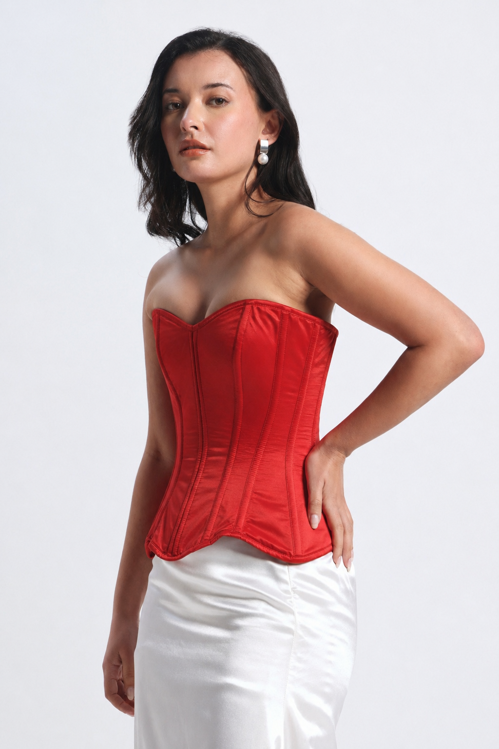 Red Satin Corset — 14-Bone Spiral & Flat Metal Boned Waist Cincher