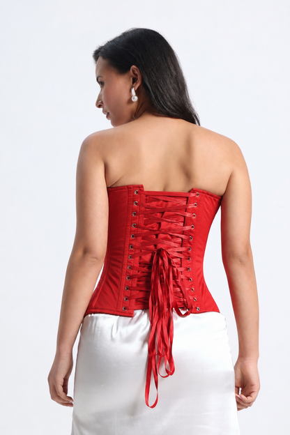 Red Satin Corset — 14-Bone Spiral & Flat Metal Boned Waist Cincher