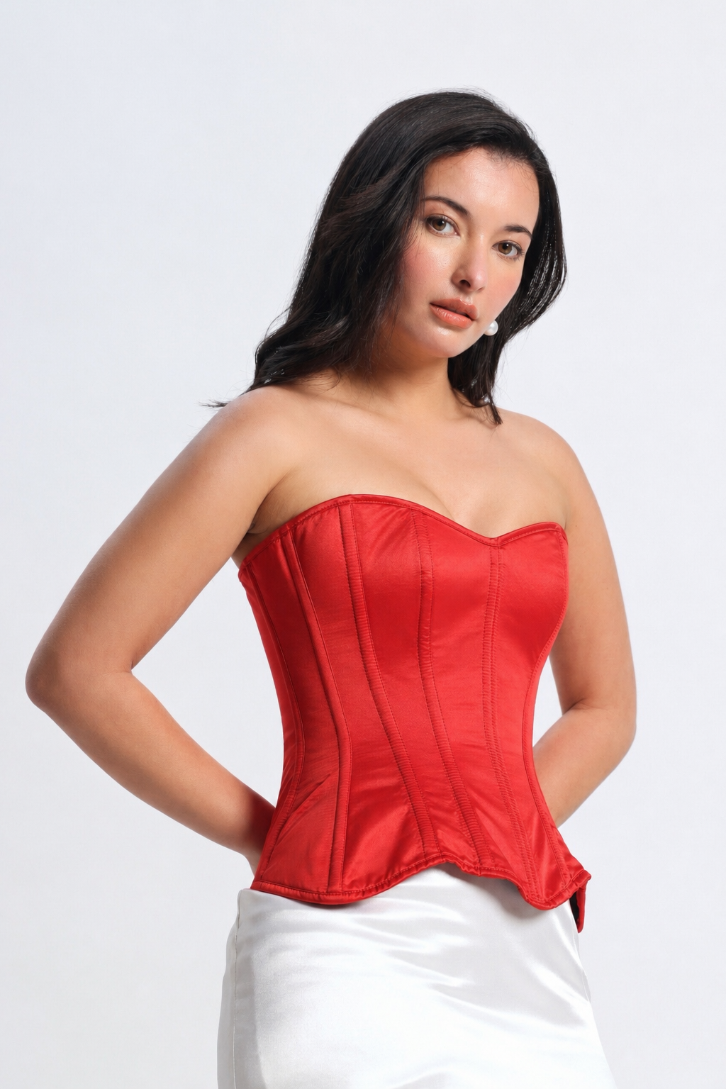 Red Satin Corset — 14-Bone Spiral & Flat Metal Boned Waist Cincher