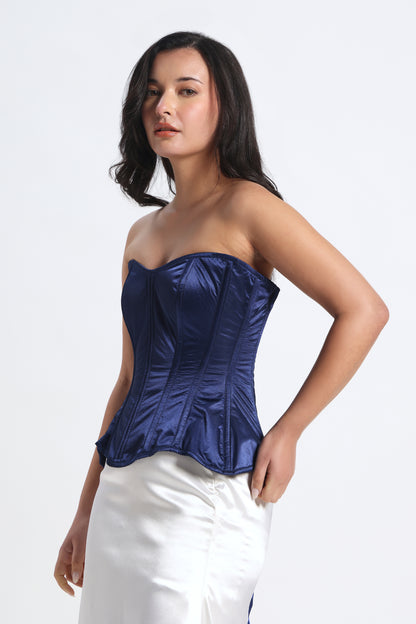 Blue Satin Corset — 14-Bone Spiral & Flat Metal Boned Waist Cincher