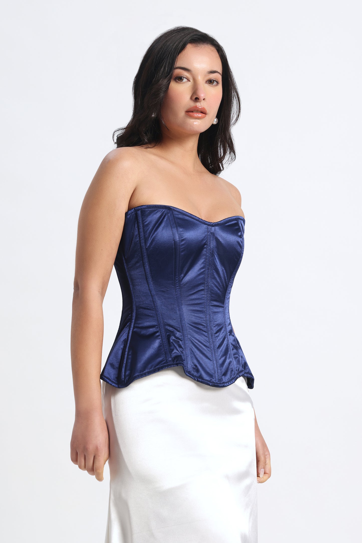 Blue Satin Corset — 14-Bone Spiral & Flat Metal Boned Waist Cincher