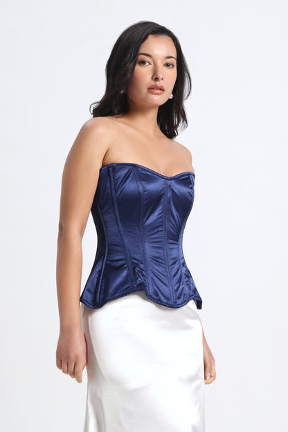 Blue Satin Corset — 14-Bone Spiral & Flat Metal Boned Waist Cincher