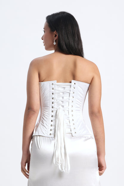 White Satin Corset — 14 Bone Spiral & Flat Metal Boned Waist Cincher