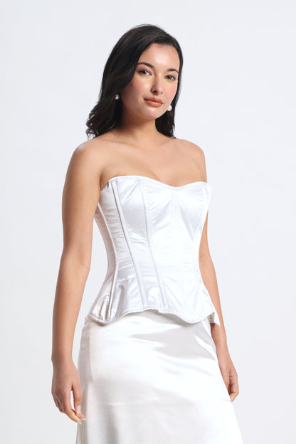White Satin Corset — 14 Bone Spiral & Flat Metal Boned Waist Cincher