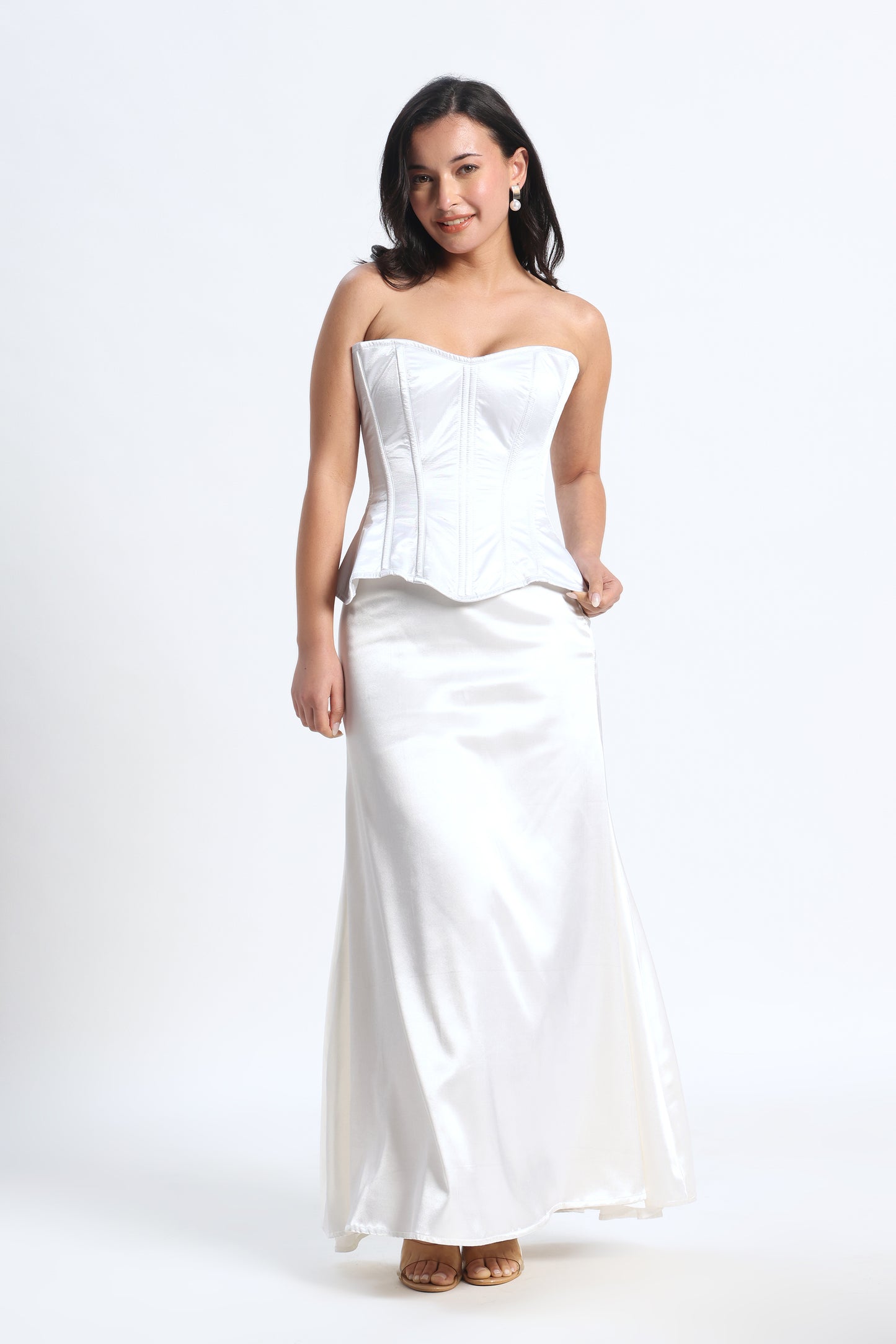 White Satin Corset — 14 Bone Spiral & Flat Metal Boned Waist Cincher