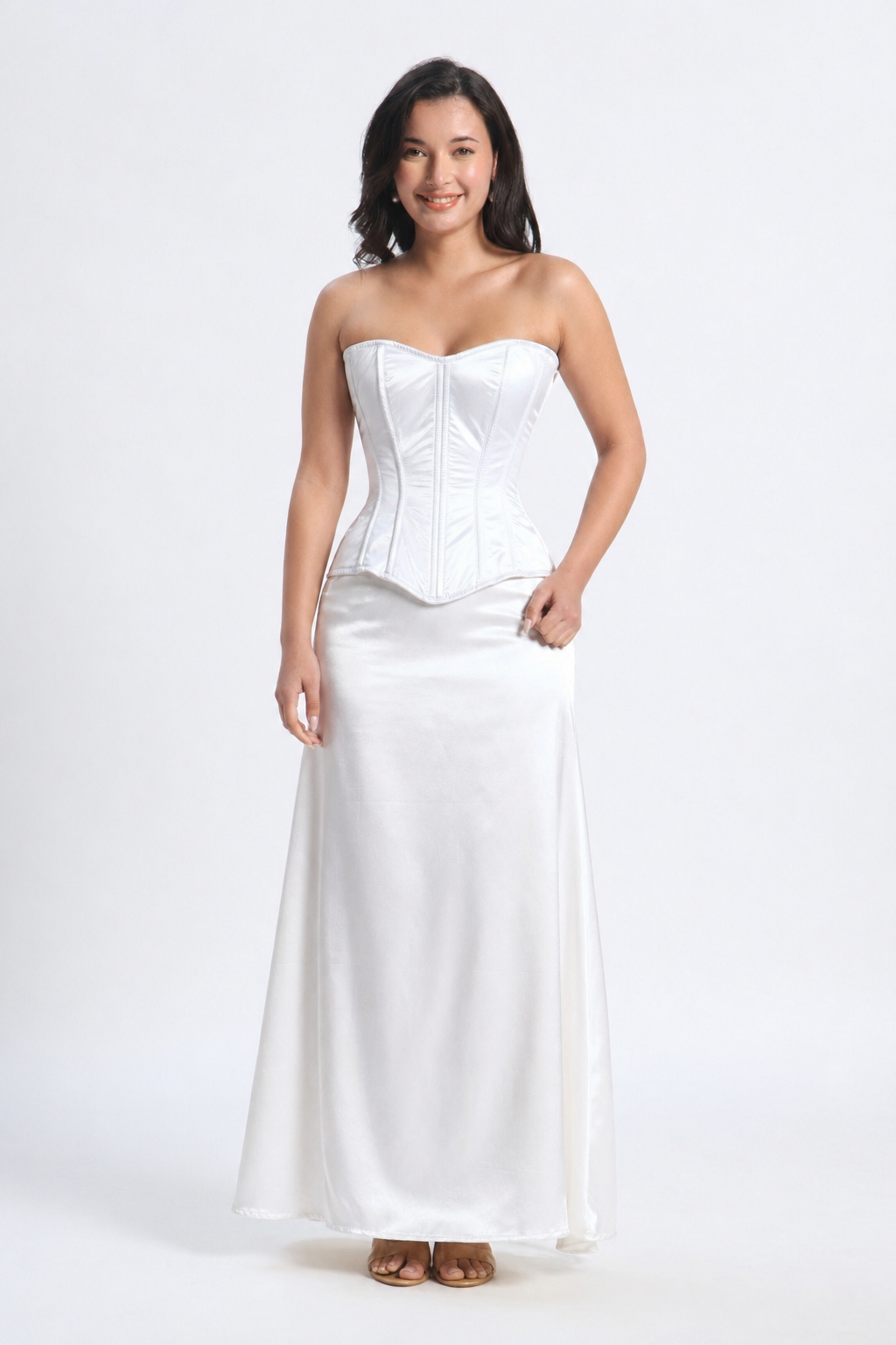 White Satin Corset — 14 Bone Spiral & Flat Metal Boned Waist Cincher
