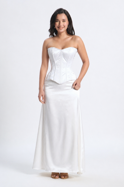 White Satin Corset — 14 Bone Spiral & Flat Metal Boned Waist Cincher